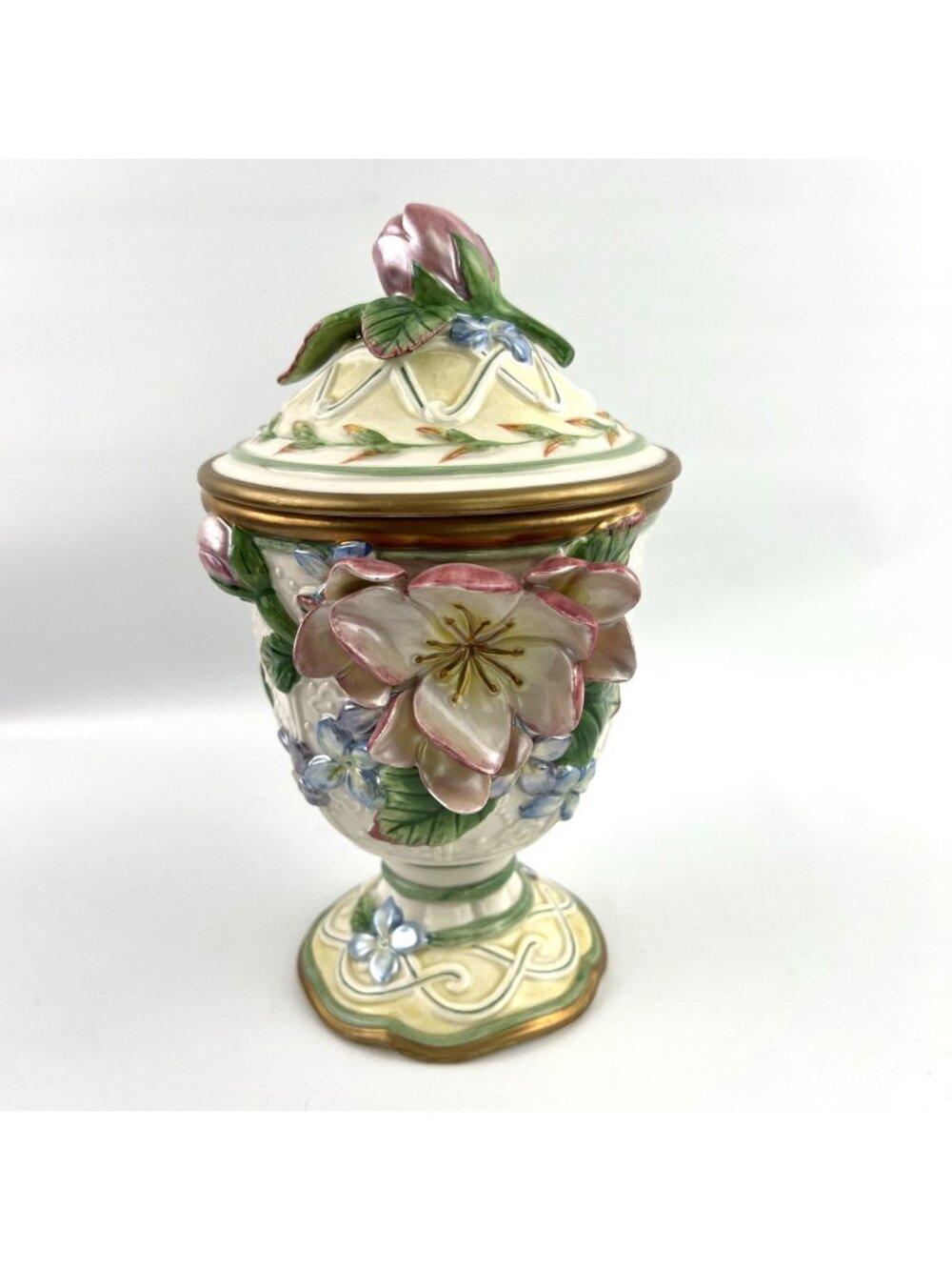 Fitz and Floyd Classics Garden Rhapsody 9" Ceramic Lidded Floral Compote Urn Jar
